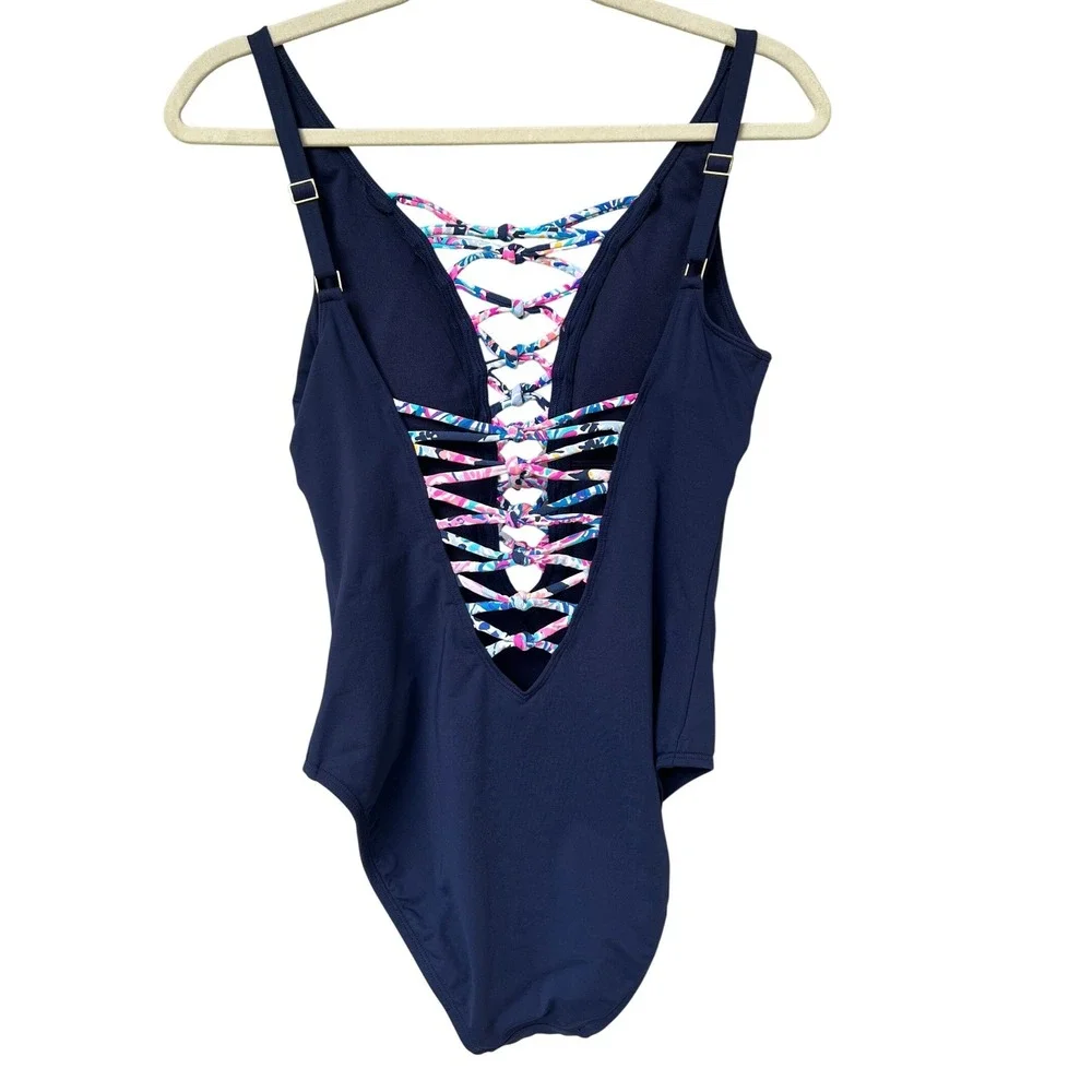 Lilly Pulitzer Isle Lattice One-Piece Swimsuit 6 Navy Blue Lace Up Cruise Sexy